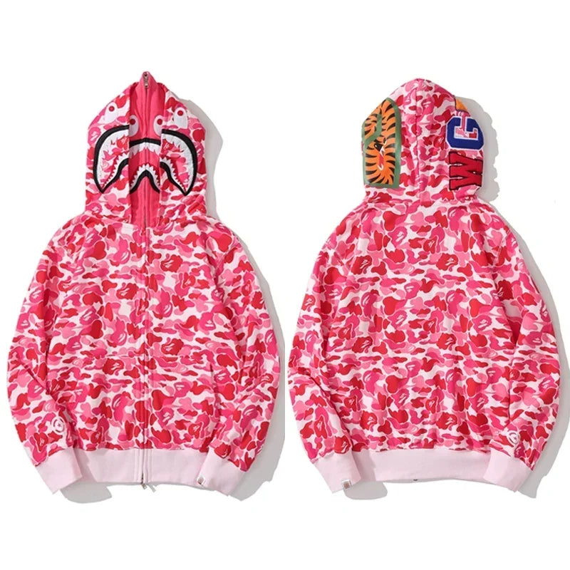 BAPE Style Camo Shark Full-Zip Hoodie - Pink
