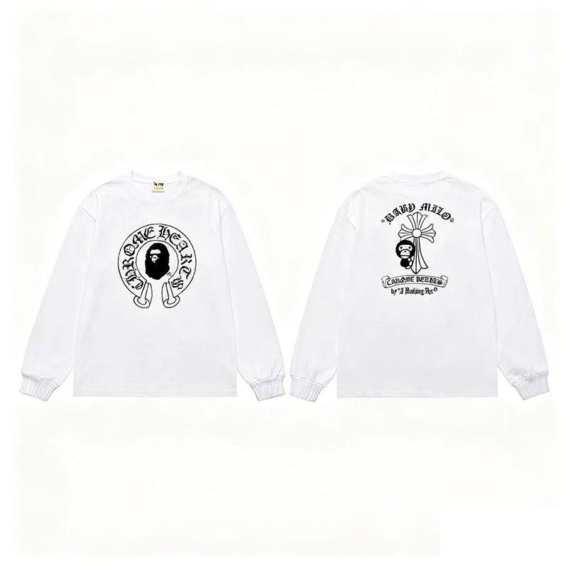 BAPE x Chrome Hearts Style Horseshoe & Cross Long-Sleeve Tee - White
