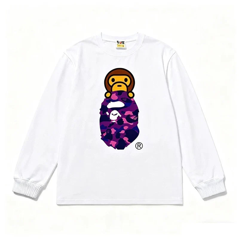 BAPE Style Baby Milo Peeking on Camo Ape Head Long-Sleeve Tee - White/Purple