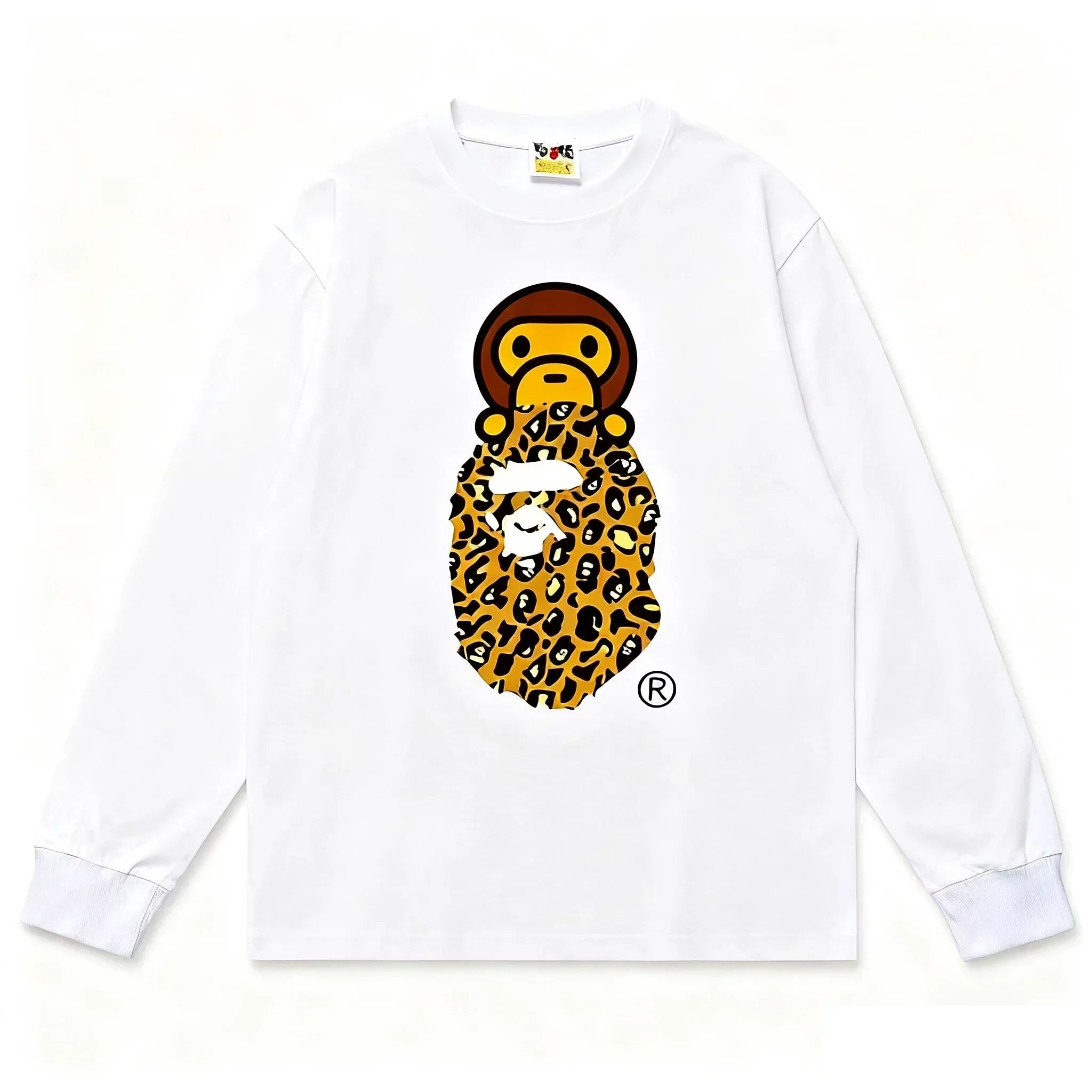 BAPE Style Baby Milo on Leopard Camo Ape Head Long-Sleeve Tee - White/Leopard