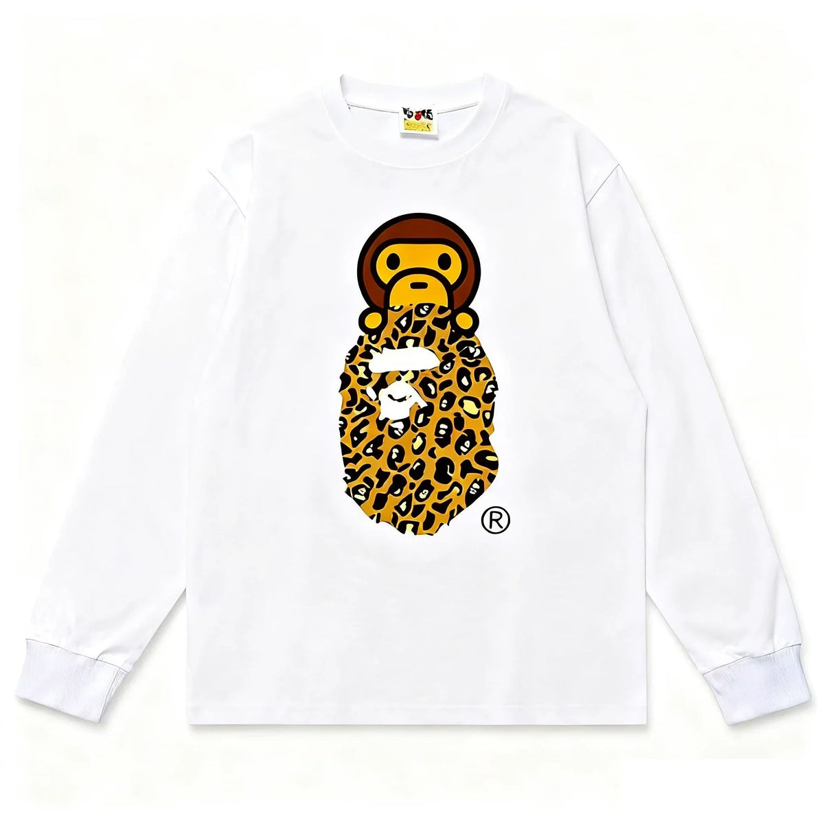 BAPE Style Baby Milo on Leopard Camo Ape Head Long-Sleeve Tee - White/Leopard