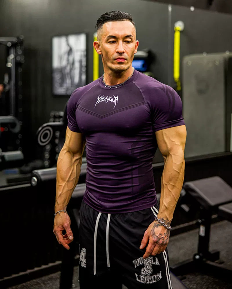 YOUNG LA Sports Short sleeved Men's T-shirt American Trendy Brand Cuffles Round Neck Quick drying Elastic Squat Fitness Muscle