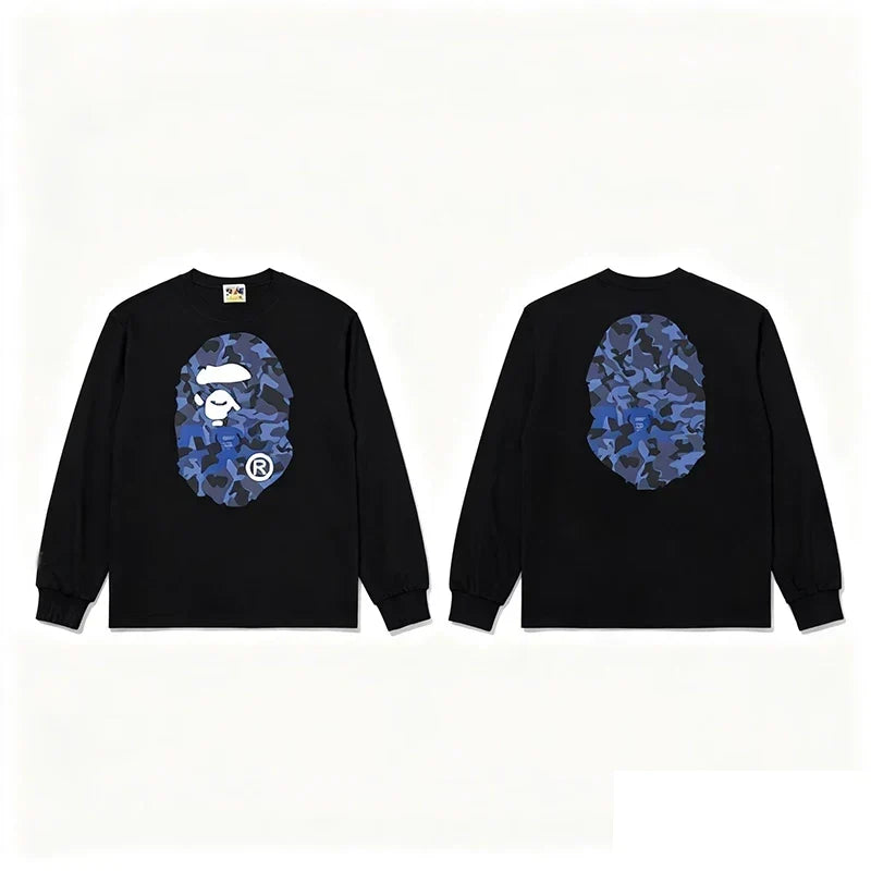 BAPE Style Big Camo Ape Head Long-Sleeve Tee - Black/Blue