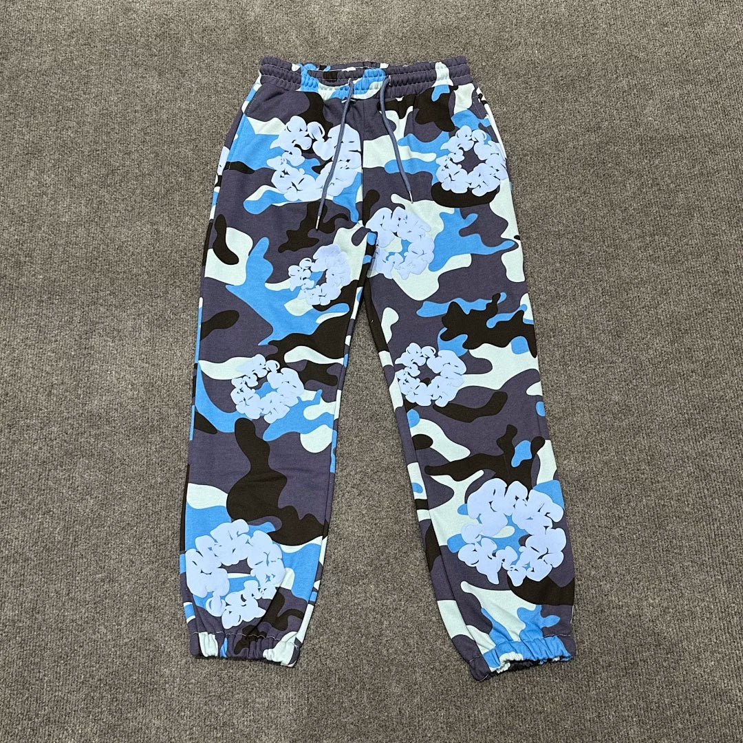 "Denim Tears" Blue Camo Floral Pattern Oversized Sweatpants