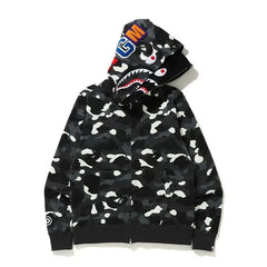 BAPE Style Camo Shark Full-Zip Hoodie - Black/Grey