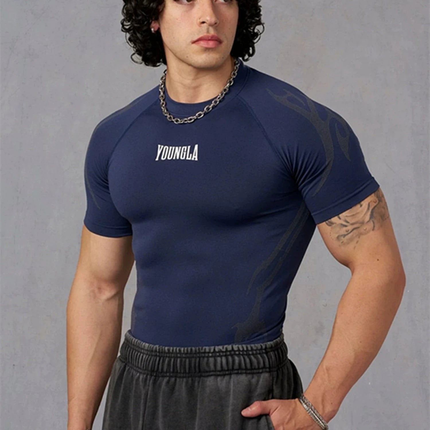 YOUNG LA Sports Short sleeved Men's T-shirt Fitness Exercise Running Muscle Rubbing Iron Dog Sleeve Quick drying Breathable Elasticity