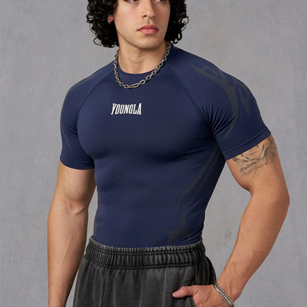 YOUNG LA Sports Short sleeved Men's T-shirt Fitness Exercise Running Muscle Rubbing Iron Dog Sleeve Quick drying Breathable Elasticity