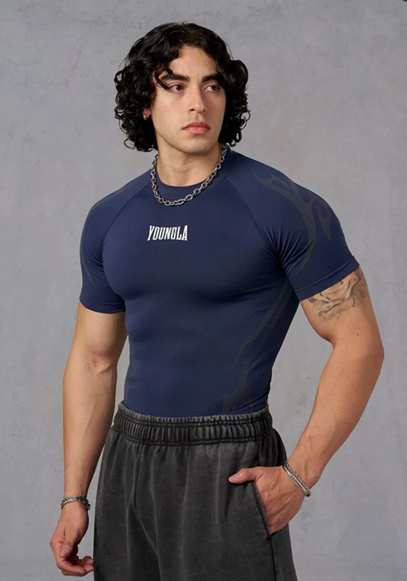 YOUNG LA Sports Short sleeved Men's T-shirt Fitness Exercise Running Muscle Rubbing Iron Dog Sleeve Quick drying Breathable Elasticity