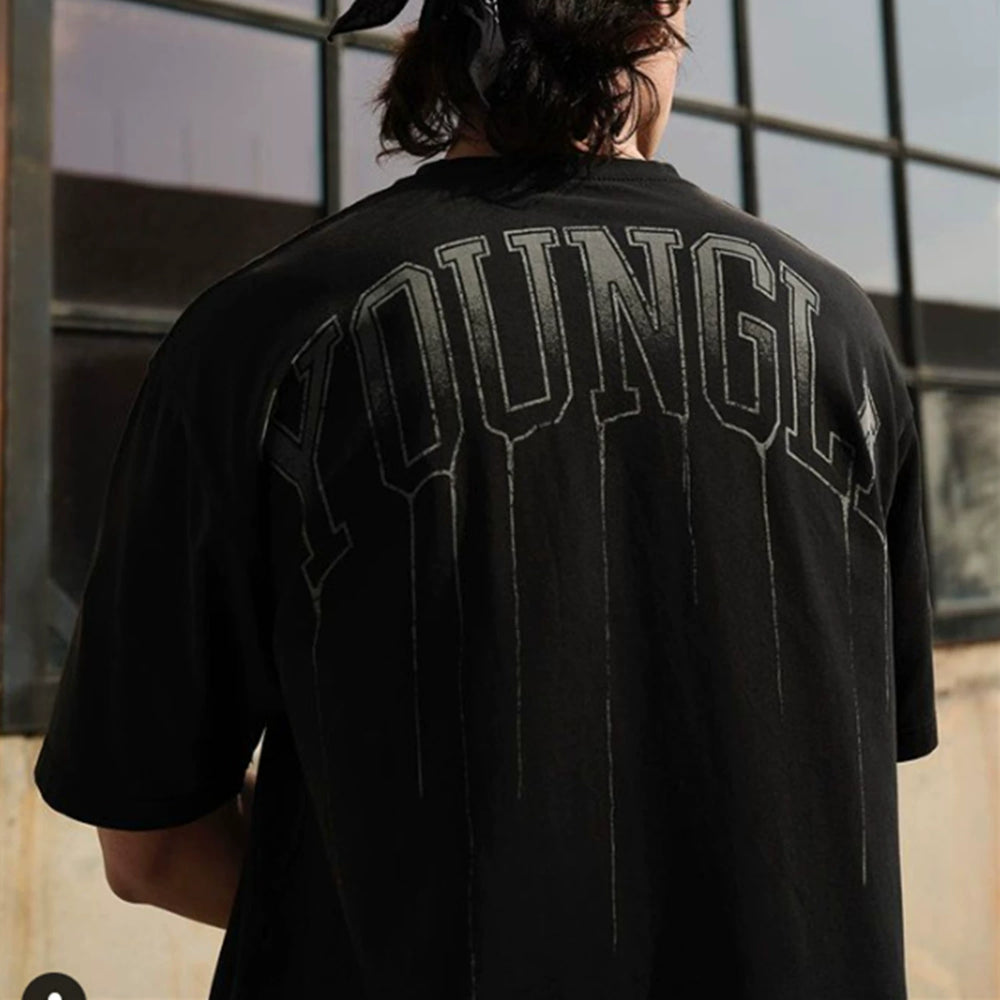 YOUNG LA Sports Short sleeved Men's T-shirt American Trendy Brand 240g Heavy duty Cotton Loose Training Muscle, Iron Dog