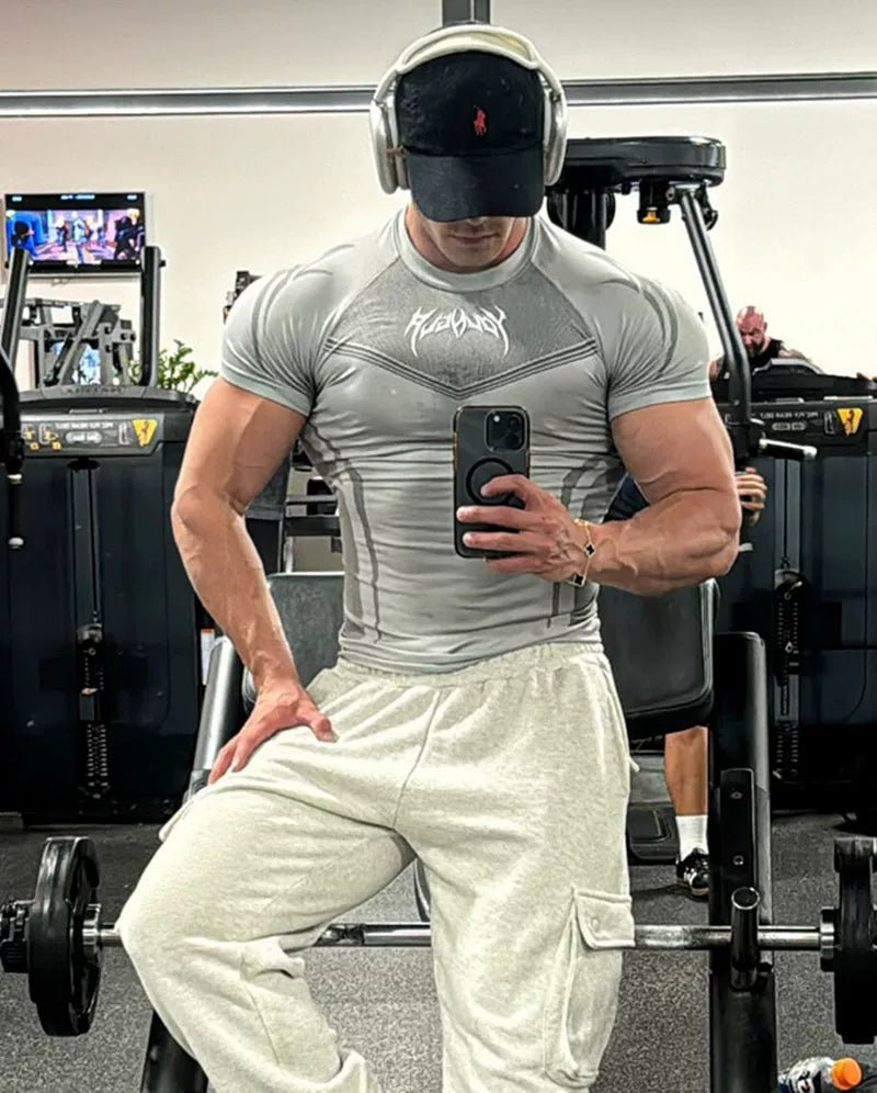 YOUNG LA Sports Short sleeved Men's T-shirt American Trendy Brand Cuffles Round Neck Quick drying Elastic Squat Fitness Muscle
