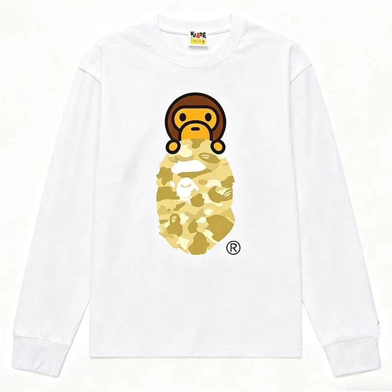 BAPE Style Baby Milo Peeking on Camo Ape Head Long-Sleeve Tee - White/Yellow