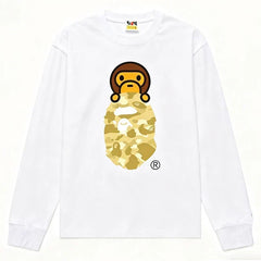 BAPE Style Baby Milo Peeking on Camo Ape Head Long-Sleeve Tee - White/Yellow