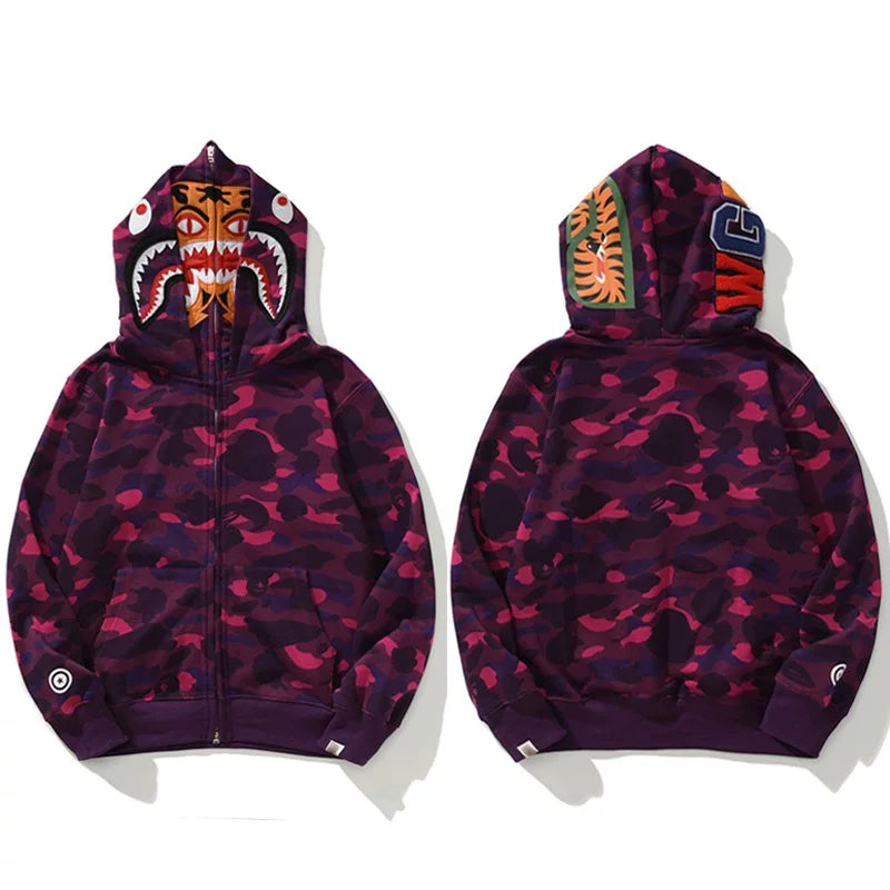 BAPE Style Camo Tiger Full-Zip Hoodie - Purple
