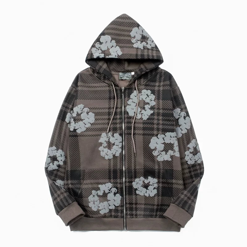 "Denim Tears" Plaid Pattern Full-Zip Oversized Hoodie (Brown)