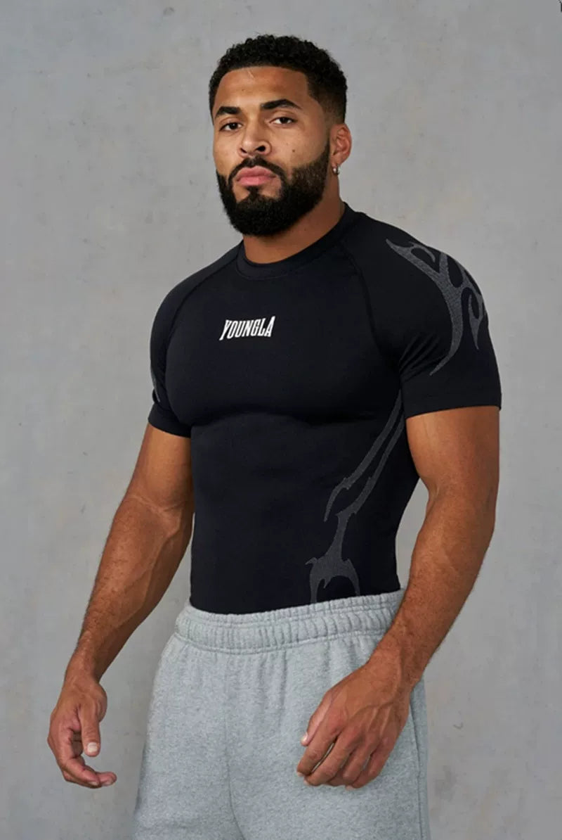 YOUNG LA Sports Short sleeved Men's T-shirt Fitness Exercise Running Muscle Rubbing Iron Dog Sleeve Quick drying Breathable Elasticity