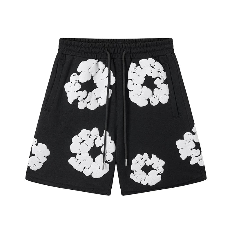 Denim Tears Cotton Wreath Graphic Shorts - Black / Relaxed Streetwear Fit