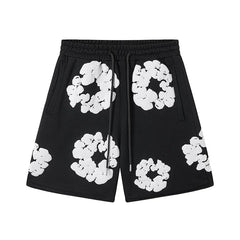 Denim Tears Cotton Wreath Graphic Shorts - Black / Relaxed Streetwear Fit