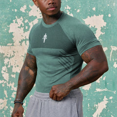 YOUNG LA Sports Short sleeved Men's T-shirt American Trendy Brand Fitness Muscle Shrink Sleeve Quick drying Elastic Round Neck Running