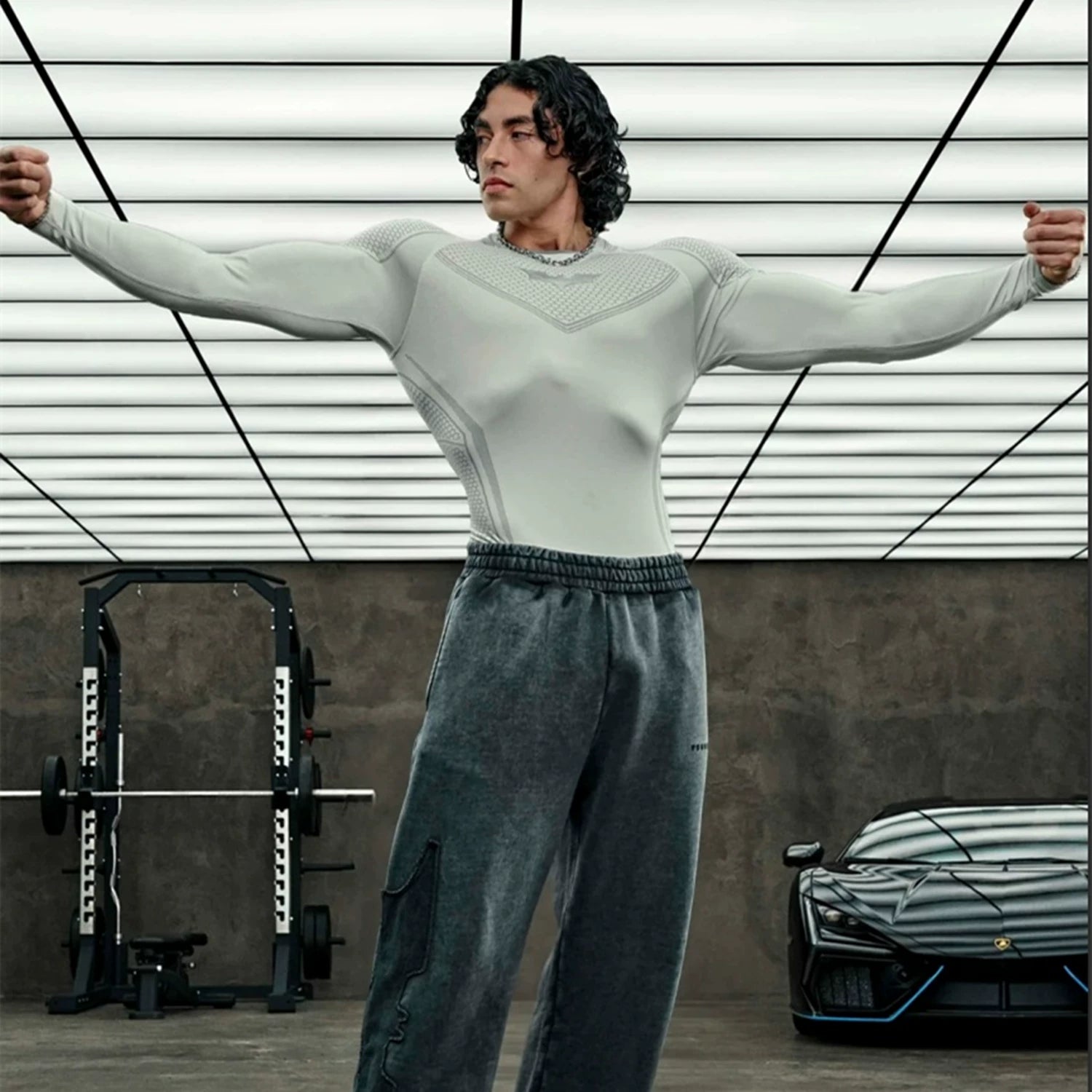 YOUNG LA Sports Long Sleeve Men's T-shirt American Trendy Brand Fitness Muscle Beating Iron Dog Exercise Breathable Elastic Quick Drying