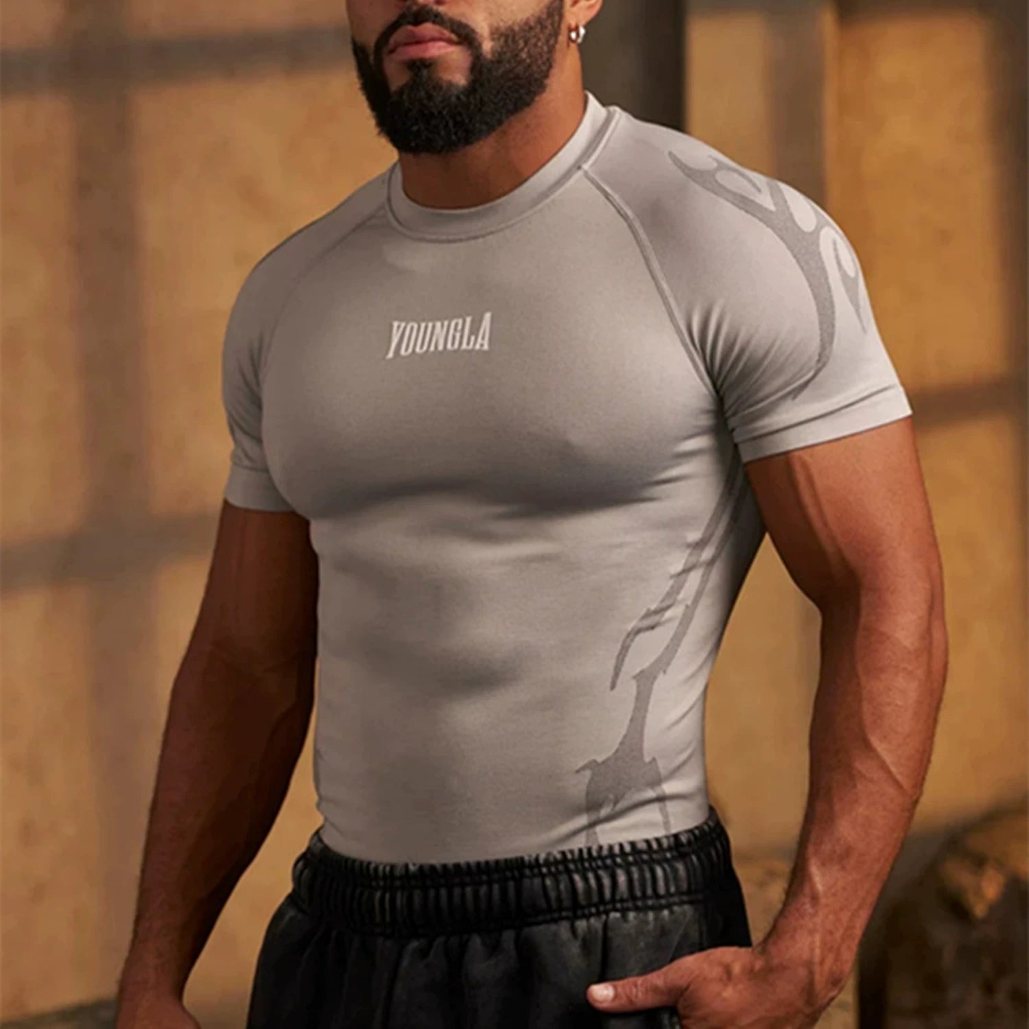 YOUNG LA Sports Short sleeved Men's T-shirt Fitness Exercise Running Muscle Rubbing Iron Dog Sleeve Quick drying Breathable Elasticity