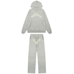 Sp5der Rhinestone Letter Graphic Grey Hoodie and Sweatpants Tracksuit Set