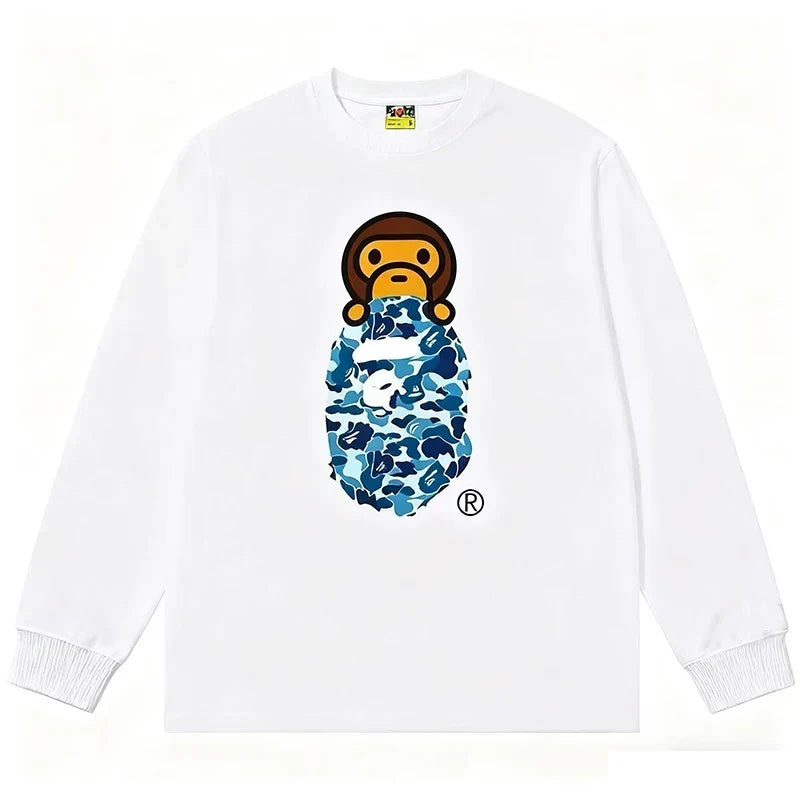 BAPE Style Baby Milo Peeking on Camo Ape Head Long-Sleeve Tee - White/Blue