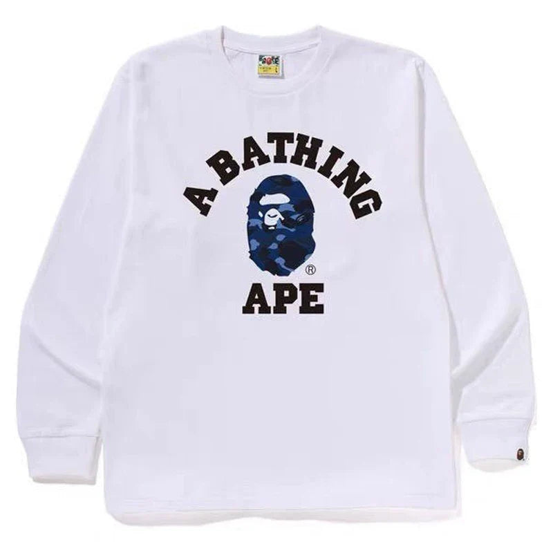 BAPE Style Collegiate Arc Logo & Camo Ape Head Long-Sleeve Tee - White/Blue