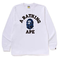 BAPE Style Collegiate Arc Logo & Camo Ape Head Long-Sleeve Tee - White/Blue