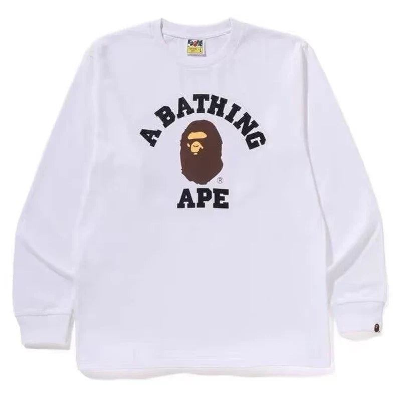 BAPE Style Collegiate Arc Logo & Ape Head Long-Sleeve Tee - White