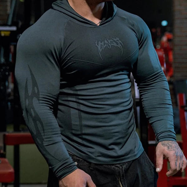 YONGLA sports long sleeved men's hooded fitness suit, muscle massage, iron dog, American trendy brand training, quick drying, elastic