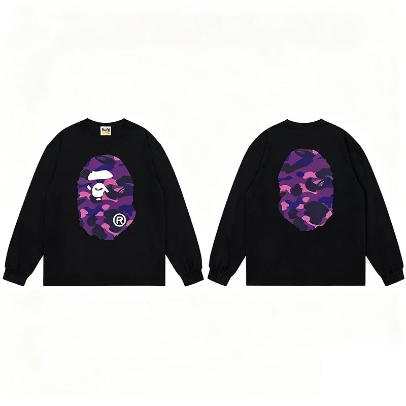 BAPE Style Big Camo Ape Head Long-Sleeve Tee - Black/Purple