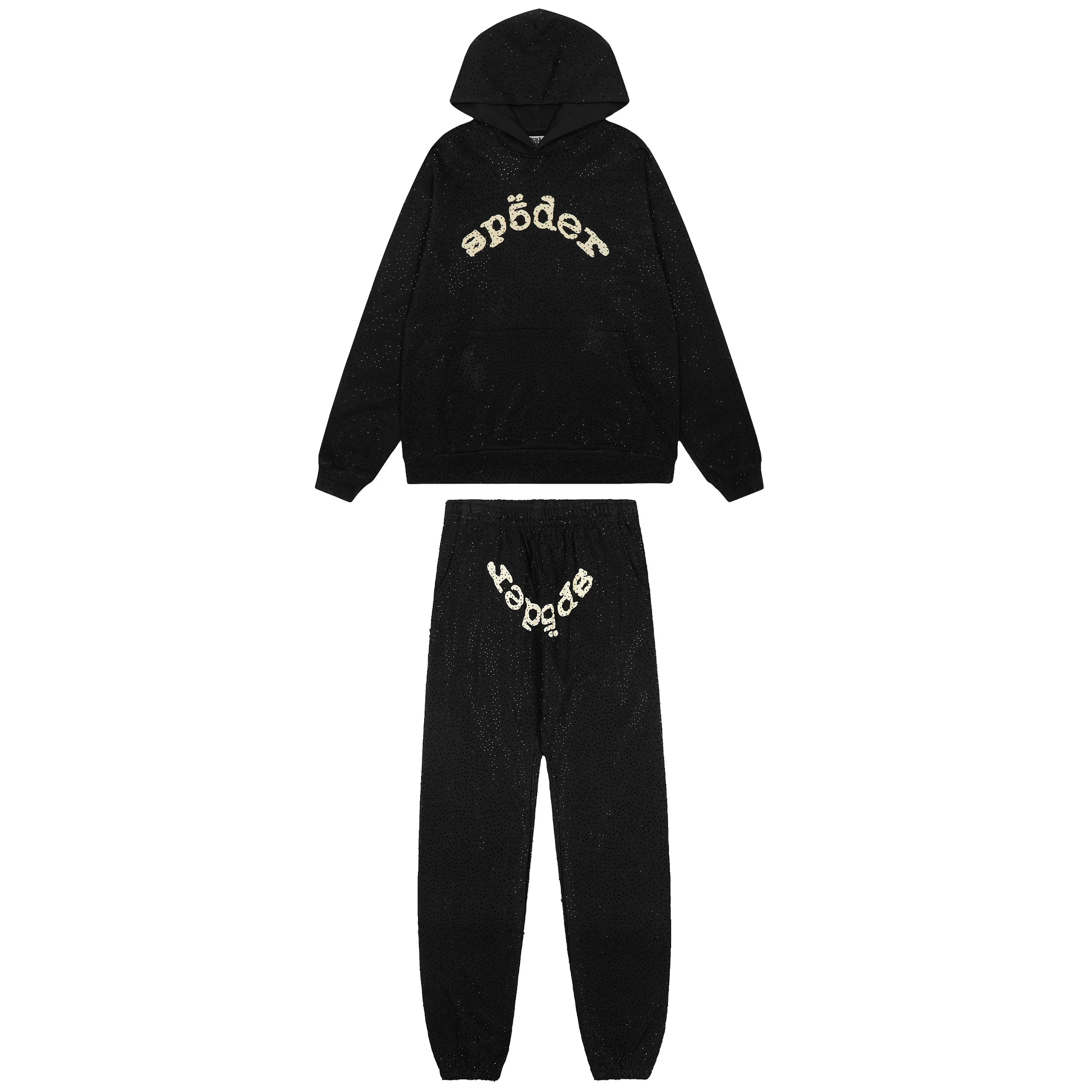 Sp5der Rhinestone Letter Graphic Black Hoodie and Sweatpants Tracksuit Set