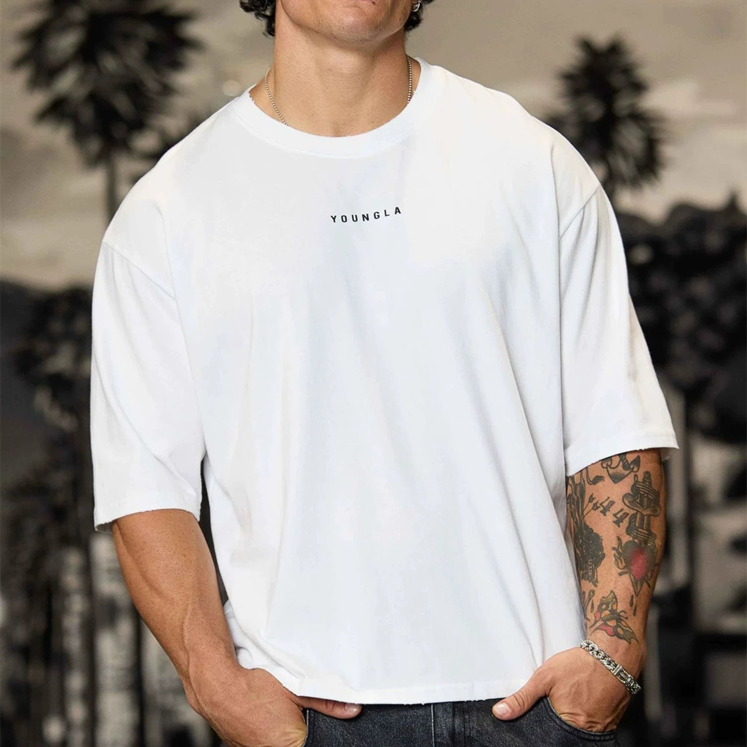 YOUNG LA Sports Short sleeved Men's T-shirt Loose Heavy Cotton American Trendy Brand Fitness Breathable Printed Summer Large