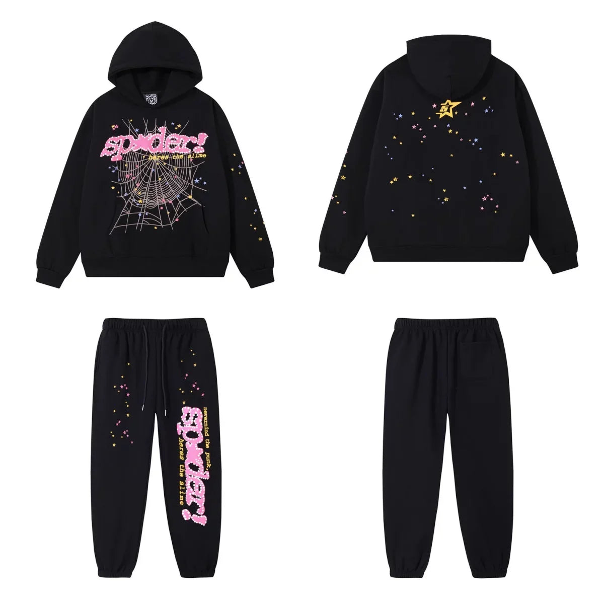 SP5DER Web Graphic Pullover Hoodie and Sweatpants Matching Set - Black / Pink
