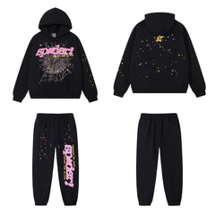 SP5DER Web Graphic Pullover Hoodie and Sweatpants Matching Set - Black / Pink