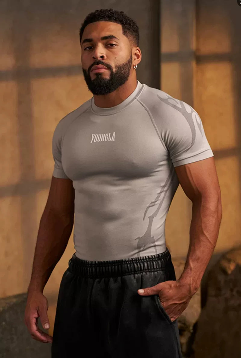 YOUNG LA Sports Short sleeved Men's T-shirt Fitness Exercise Running Muscle Rubbing Iron Dog Sleeve Quick drying Breathable Elasticity