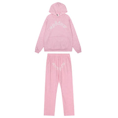 Sp5der Rhinestone Letter Graphic Pink Hoodie and Sweatpants Tracksuit Set
