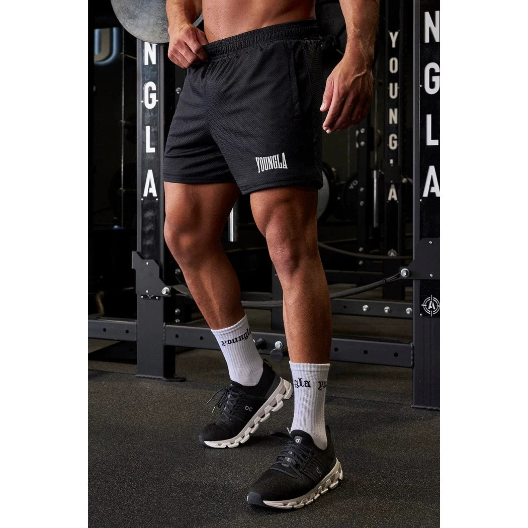 YOUNG LA Muscle Fitness Running Breathable Shorts Casual Mesh Letter Printed Basketball Training Pants