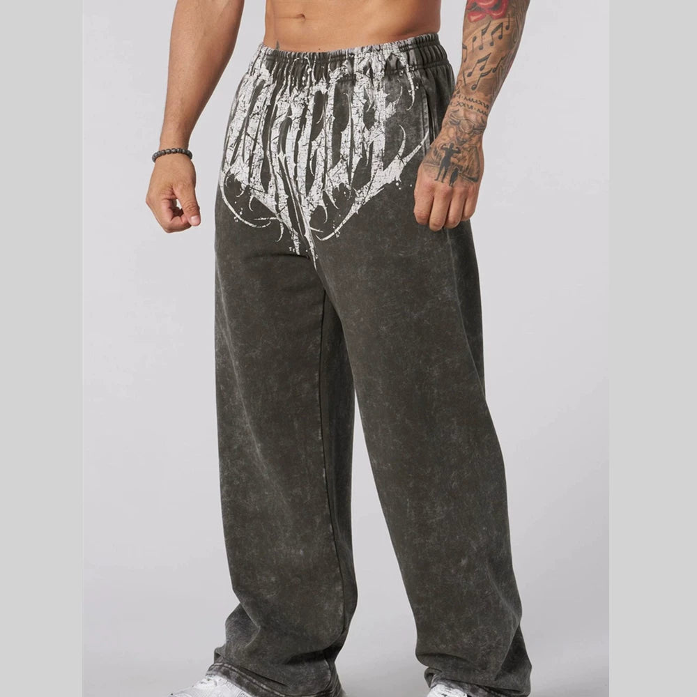 YONGLA sports pants men's heavyweight pure cotton fitness squat loose straight leg muscle massage iron dog American fashion brand
