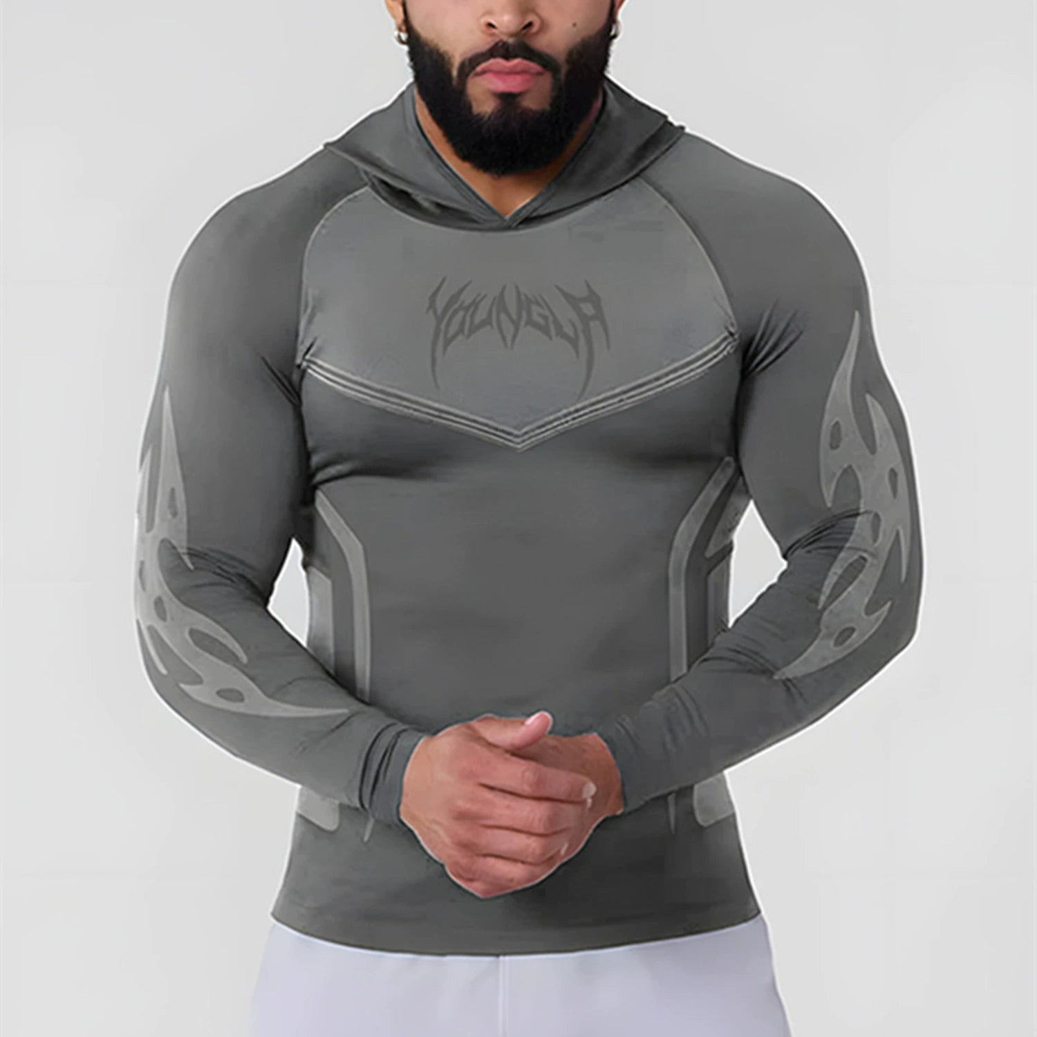 YONGLA sports long sleeved men's hooded fitness suit, muscle massage, iron dog, American trendy brand training, quick drying, elastic
