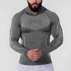 YONGLA sports long sleeved men's hooded fitness suit, muscle massage, iron dog, American trendy brand training, quick drying, elastic
