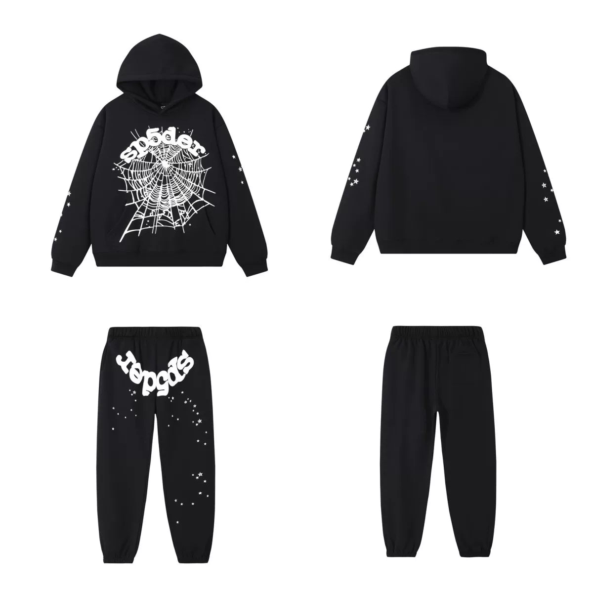 SP5DER Web Graphic Pullover Hoodie and Sweatpants Matching Set - Black / White