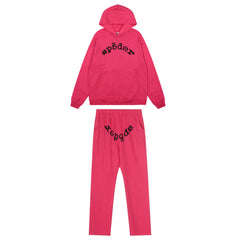 Sp5der Rhinestone Letter Graphic Hot Pink Hoodie and Sweatpants Tracksuit Set