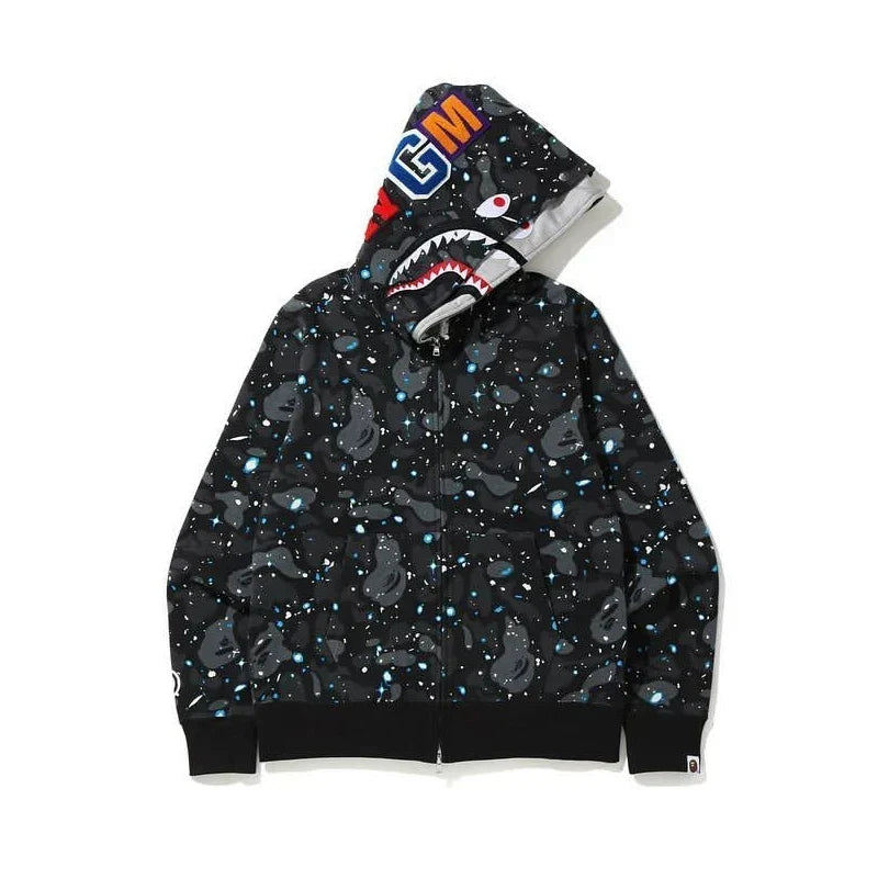 BAPE Style Space Galaxy Shark Full-Zip Hoodie - Black Multi