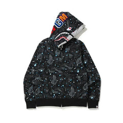 BAPE Style Space Galaxy Shark Full-Zip Hoodie - Black Multi