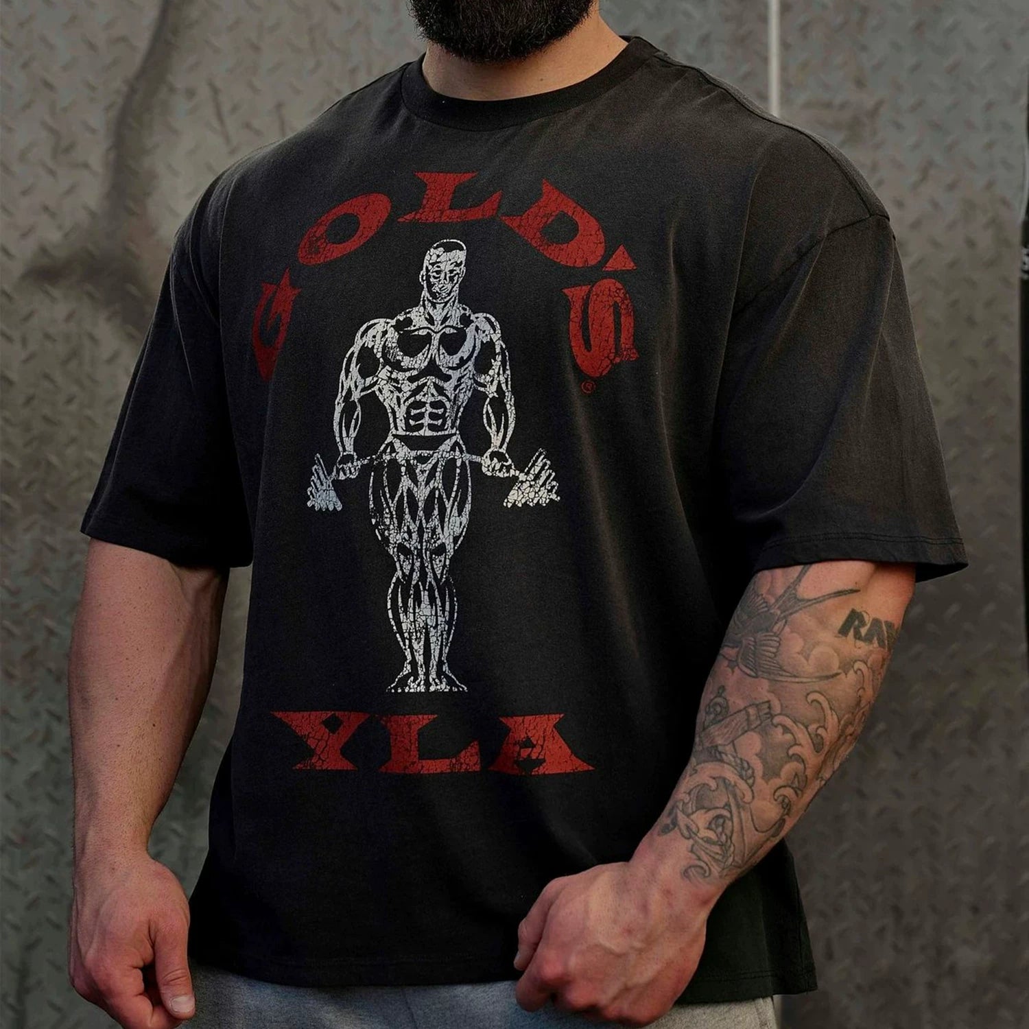 YOUNG LA Sports Short sleeved Men's T-shirt American Trendy Brand Fitness Muscle Roll Iron Dog Breathable Heavy Cotton Loose Clothes