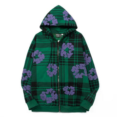 "Denim Tears" Plaid Pattern Full-Zip Oversized Hoodie (Green/Purple)