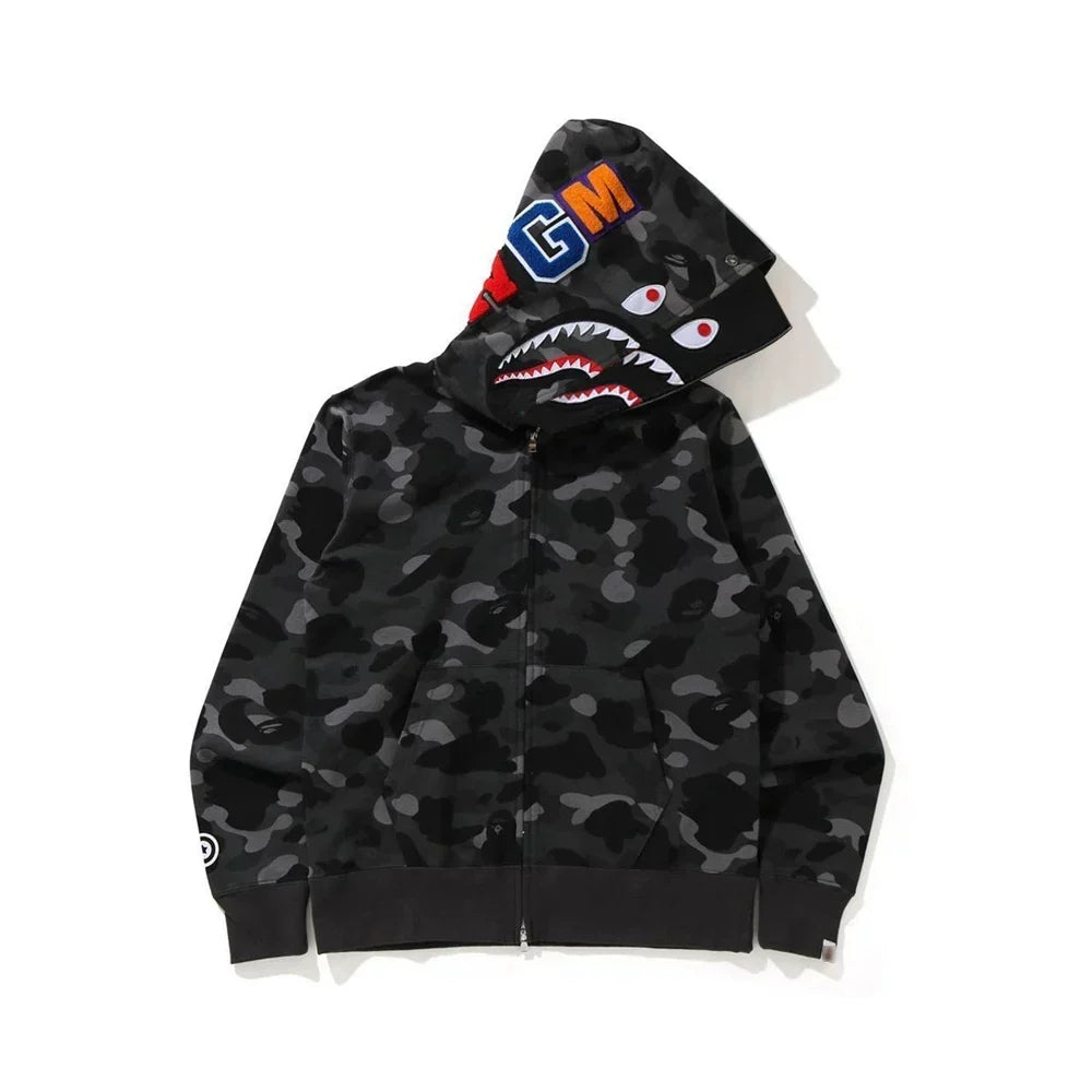 BAPE Style Camo Shark Full-Zip Hoodie - Black/Grey