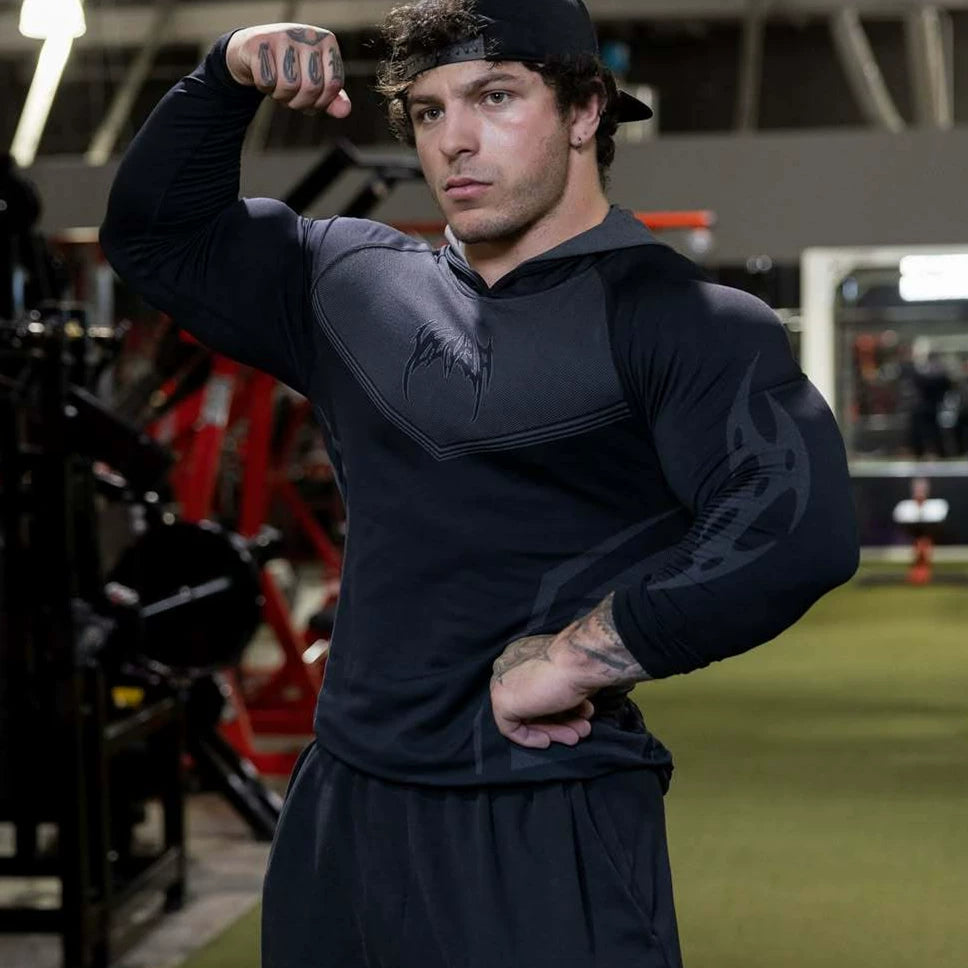 YONGLA sports long sleeved men's hooded fitness suit, muscle massage, iron dog, American trendy brand training, quick drying, elastic