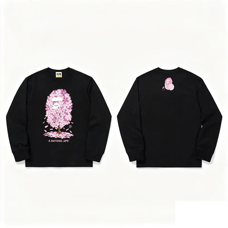 BAPE Style Collegiate Arc Logo & Camo Ape Head Long-Sleeve Tee - White/Purple